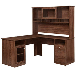 Home Office L-Shaped Desk with Hutch and Glass Doors, Writing Workstation with Shelves and File Cabinet for Home Office (Brown) (Brown)