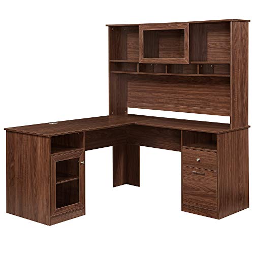 L-Shaped Home Office Desk with Glass Door's Hutch, Writing Workstation with Shelves and File Cabinet for Home Office (Brown)