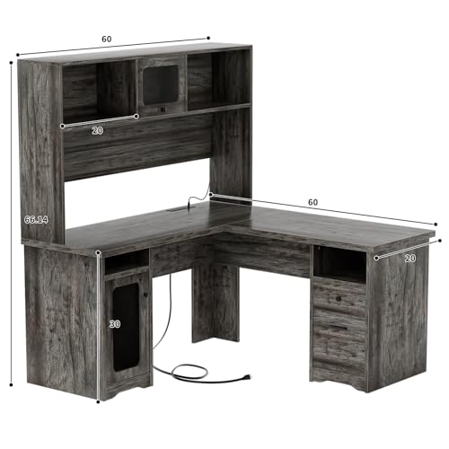 Unikito Large L-Shaped Office Desk with Drawers, Hutch, Power Outlet, and LED Lights - 60 Inch Gray Oak