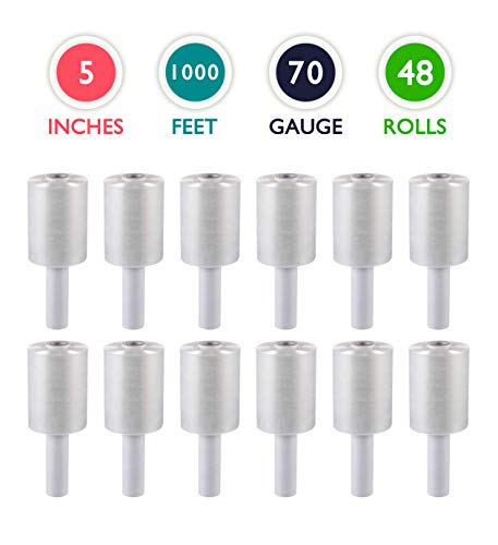 48 Packs of 5 inch x 1000 ft Stretch Wrap Film with Handle 70 Gauge Extra Thick Clear Mini Hand Stretch Wrap Rolls, Clear