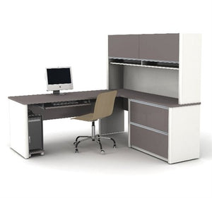 Slate & Sandstone L-Shaped Corner Computer Desk with Hutch & Oversized Pedestal