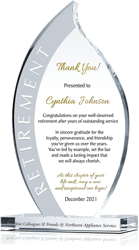 Personalized Crystal Flame Shaped Employee Retirement Award for Man or Woman, Customized with Retiree's Name, Unique Retirement Gift for Co-Worker and Friend (XL - 12")