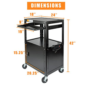 Metateel Large AV Cart with Extra Storage - Adjustable Height, Locking Cabinet, Power Strip - Holds 300 lbs - Easy Assembly (24'' x 18'' x 42'')