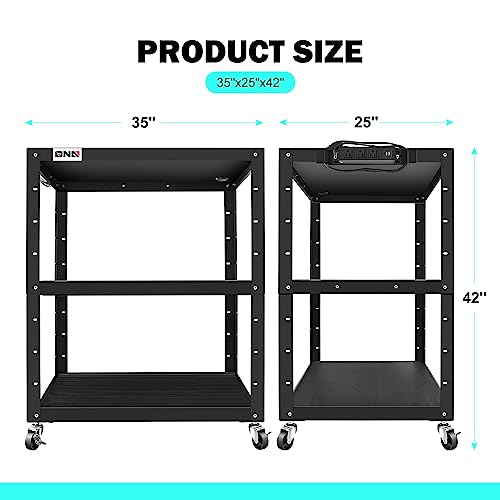 DNA MOTORING 3-Layer Utility Steel AV Cart with Wheels Power Strip