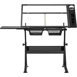 KOUBE Drafting Table Desk, Drafting Table for Artists with Drawers and Stool Glass Top Adjustable Height Angle Tabletop Tilted Art Craft Work Station for Home Office Working
