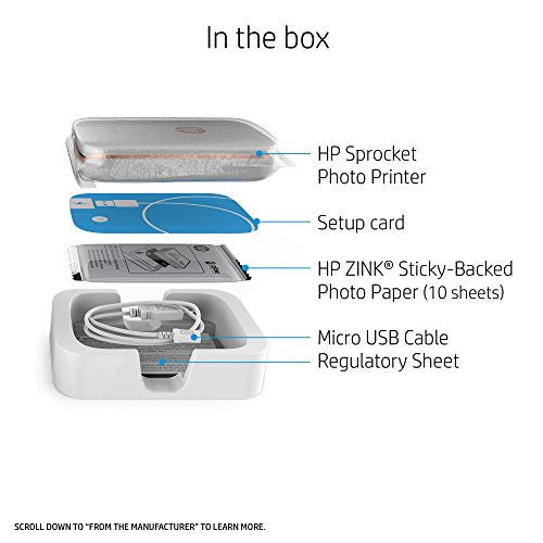 HP Sprocket Portable Photo Printer, X7N07A, Print Social Media Photos on 2x3 Sticky-Backed Paper - White