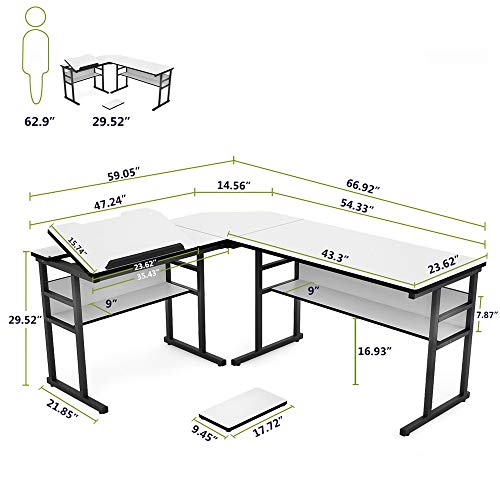 Tribesigns L-Shaped Computer Desk with Storage Shelves, Large Corner Computer Desk Study Writing Workstation Drafting Table with Bookshelf and Tiltable Drawing Board for Home Office (White, 67 in)