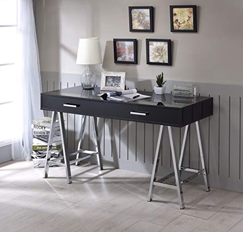 Knocbel Contemporary Computer Desk with Storage Drawers, Home Office Workstation Writing Table with Metal Sawhorse Base, Black Glossy Finish, 54" L x 22" W x 32" H (Black and Chrome)