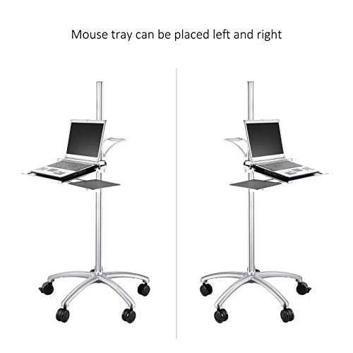 Aluminum Mobile Laptop Cart on Wheels, Height Adjustable Rolling Laptop Stand with Mouse Tray, Mobile Computer Workstation for Home, Office, School and Hospital
