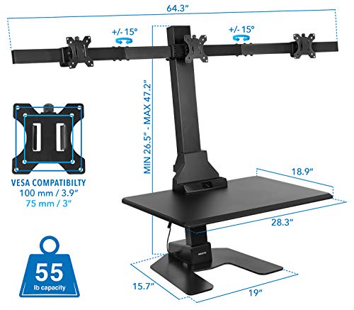 Mount-It! Triple Monitor Electric Standing Desk Converter | Height Adjustable Sit-Stand Converting Desk for Home, Office | Stand-Up Computer Workstation with Three Monitor Mount