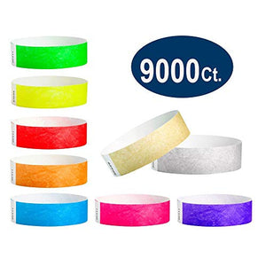 WristCo Super Variety Pack 3/4" Tyvek Wristbands - 9 Most Popular Colors - 9000 Ct. Neon Green, Red, Blue, Orange, Yellow, Pink, Purple, Gold, Silver, Paper Wristbands for Events