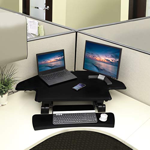 Seville Classics airLIFT Workstation Ergonomic Dual Monitor Riser with Keyboard Tray and Phone/Tablet Holder, Corner (43"), Black