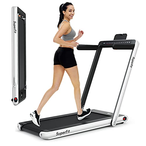 GYMAX Under Desk Treadmill, Folding 2 in 1 Electric Running Walking Machine with Smart App Control, Remote, Bluetooth Speaker & Dual LED Screen Monitor, Portable for Home Gym Small Apartment (Pearl)