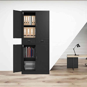 JINGUR Metal Storage Cabinet with Locking Doors, 2 Drawers & Adjustable Shelves (Black)