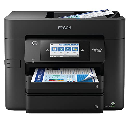 Epson Workforce Pro WF 4833 Wireless All-in-One Color Inkjet Printer - Print Scan Copy Fax - 25 ppm, 4800x2400 dpi, 4.3" Touchscreen, Auto 2-Sided Printing, 50-Sheet ADF, 500-Sheet Capacity, Ethernet