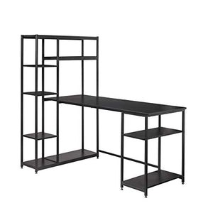 SSLine 63 Inches Computer Desk with Bookshelves,Writing Study Table with 4 Tier Open Plenty Storage Space,Modern Wood Desk with Metal Frame Laptop Table Computer Workstation for Home Office (Black-2)