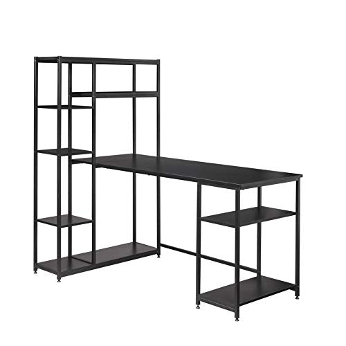 SSLine 63 Inches Computer Desk with Bookshelves,Writing Study Table with 4 Tier Open Plenty Storage Space,Modern Wood Desk with Metal Frame Laptop Table Computer Workstation for Home Office (Black-2)