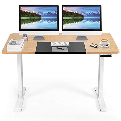 Tangkula 55 x 28 Inches Electric Standing Desk, Height Adjustable Stand Up Desk with Ergonomic Memory Controller, Dual Monitor Standing Desk for Study Room, Home, Office (Natural)