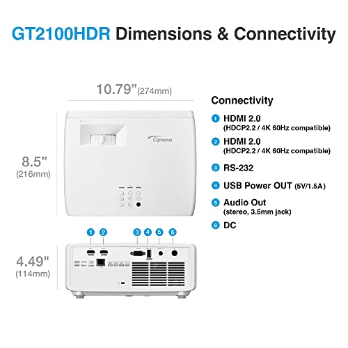 Optoma GT2100HDR Short Throw Laser Home Theater Projector, 1080p HD with 4K HDR Input, 4,200 Lumens