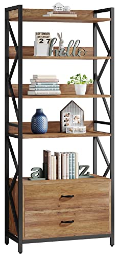 Tribesigns Industrial Bookshelf with Drawers, 70.8" - 5 Shelf Open Storage, Brown - 2pcs