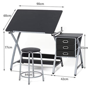 XIONGGG MDF Drafting Table Tilted Tabletop Drawing Desk, Art & Craft Drawing Desk Folding Craft Station, with 3 Slide Drawers