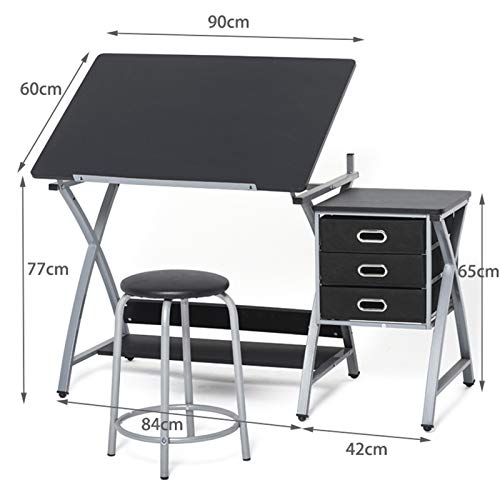 XIONGGG MDF Drafting Table Tilted Tabletop Drawing Desk, Art & Craft Drawing Desk Folding Craft Station, with 3 Slide Drawers