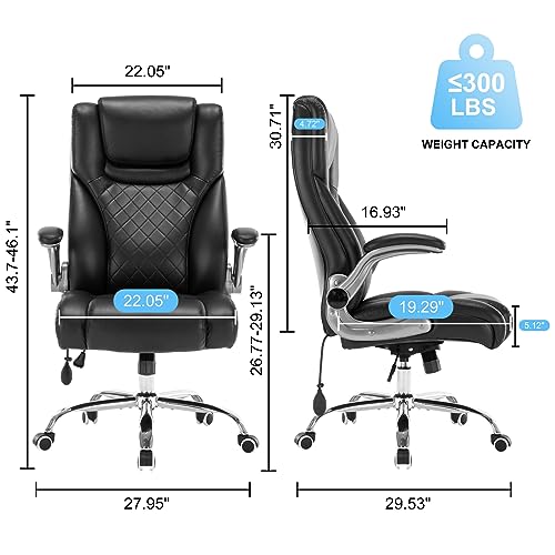 Seevoo Executive Office Chair - High Back Swivel Computer Chair with Adjustable Lumbar Support and Flip-Up Arms, PU Leather (Black)