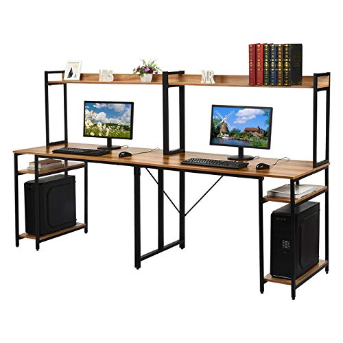 Double Workstation Desk, 94.5 inches Computer Desk with Hutch, Extra Long Two Person Desk with Storage Shelves, 2 in 1 Study Table & Bookshelves Combo PC Laptop Workstation for Home Office (Brown)