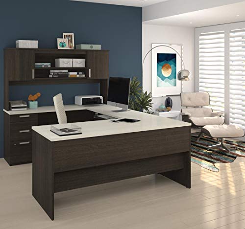 Bestar Ridgeley U-Shaped Executive Desk with Pedestal and Hutch 65W in White Chocolate