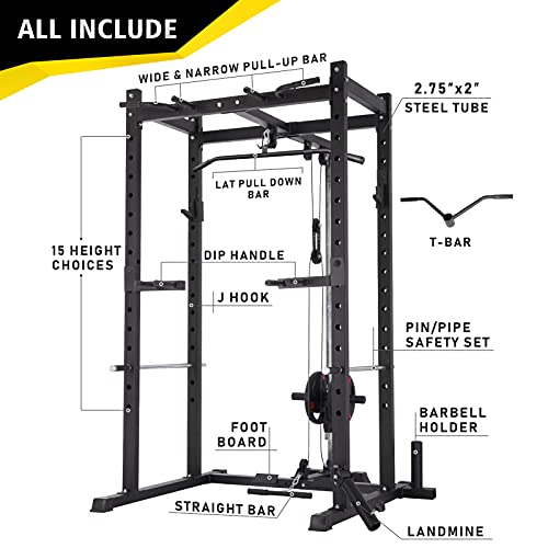 Mikolo Olympic Power Cage, 1000 lbs Commercial Weight Cage with LAT Pull-Down Pulley System, J-Hooks, 360 Degree Landmine, Dip Bars, Barbell Holder, and Other Attachments for Home Gym