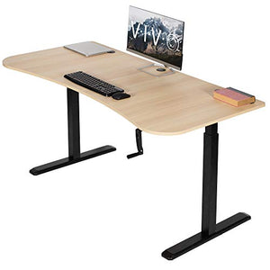 VIVO Height Adjustable Stand Up Desk, Crank System, Complete Workstation with 3 Section Light Wood Table Top, Black Frame, DESK-KIT-1MBC