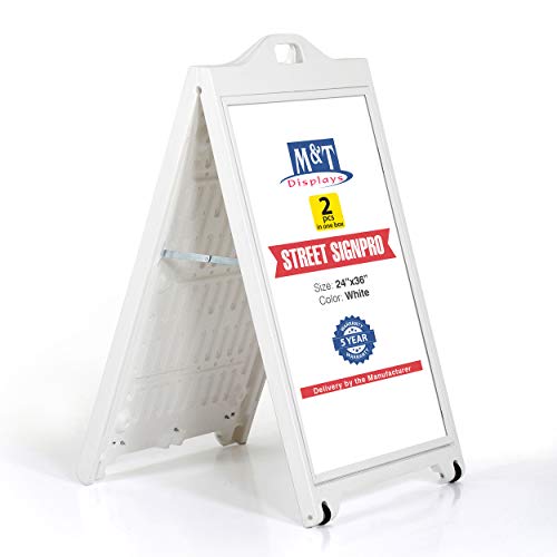 M&T Displays Street SignPro with Lens Protective Cover, 24x36 Inch Poster White Double Sided Sandwich Board Folding A-Frame Sidewalk Curb Sign Portable Menu Display for Restaurant Cafe (2 Pack)