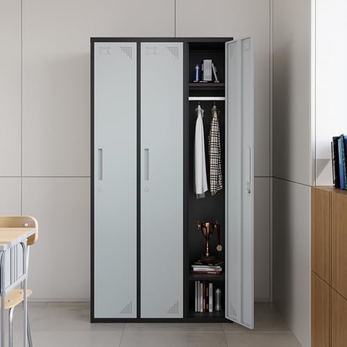 STANI Metal Lockers with Shelves and Lock, 71" Tall Steel Storage Cabinet (Black Grey, 3 Doors)