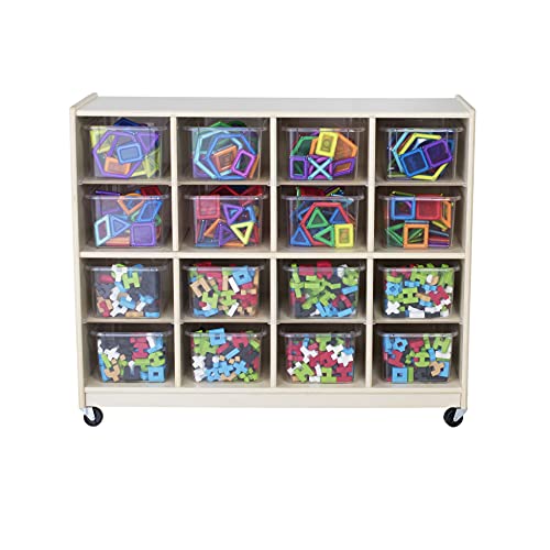 Guidecraft 16 Bin Birch Storage Unit with Casters - Rolling Wooden Cubby and Organizer for Toys, Art, Supplies, Books - Classroom Furniture, School Supply