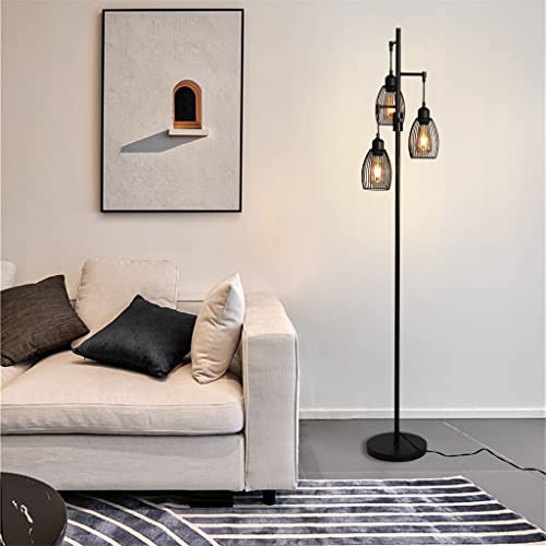 VejiA Industrial Floor Lamp with 3 Hanging Lampshades, Vintage Standing Tree Lamps - Black