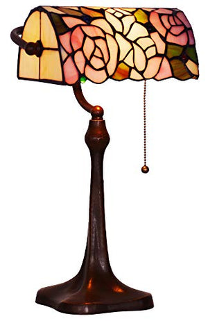 HT Tiffany Style Traditional Banker’s Desk Lamp, Rose Stained Glass Shade Cast Iron Base