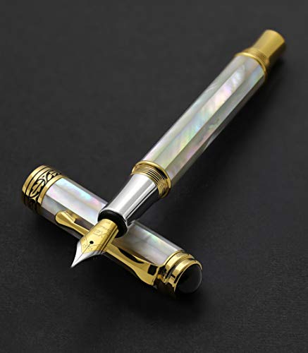 Xezo Maestro Handcrafted from Oceanic Origin Iridescent White Mother of Pearl Serialized Fine Fountain Pen. 18K Gold, Platinum Plated. No Two Alike