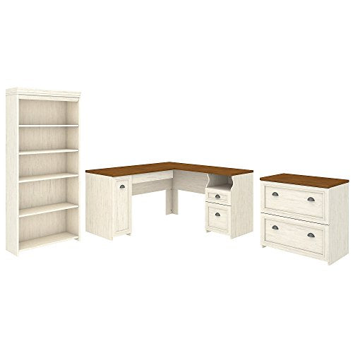 Bush Furniture Fairview L Shaped Desk with Bookcase and Lateral File Cabinet in Antique White