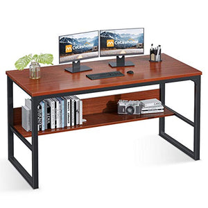 Coleshome Teak Computer Desk with Hutch Bookshelf, 55" Office Desk with Storage Drawers, Super Sturdy Writing Desk for Home Office