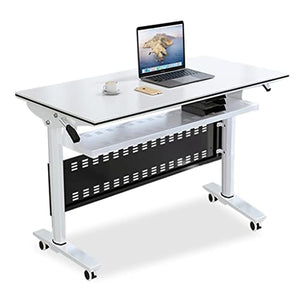 NaLoRa Foldable Computer Table with Modesty Panel, Storage Layer, Lockable Wheels - White 140x60x75cm