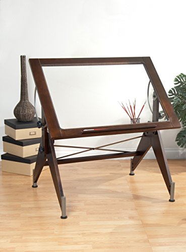 Studio Designs 13311 Aries Glass Top Drafting Table, Dark Walnut with Champagne Metal
