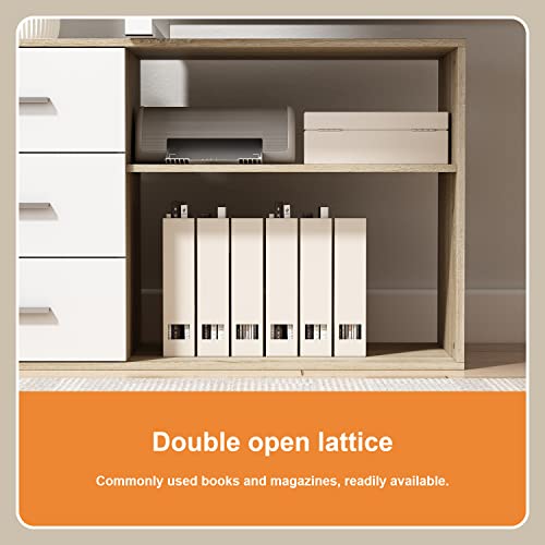 FUFU&GAGA L-Shaped Office Desk with File Cabinet, 3 Drawers & 2 Shelves - Beige