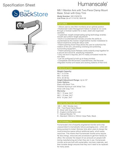 Humanscale M8.1 Adjustable Monitor Arm with Two Piece Clamp Mount and Base - Silver M81CMSBTB