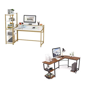 Teraves Computer Desk with 5 Tier Shelves & Reversible L Shaped Desk with Shelves Round Corner Computer Desk Gaming Table Workstation for Home Office