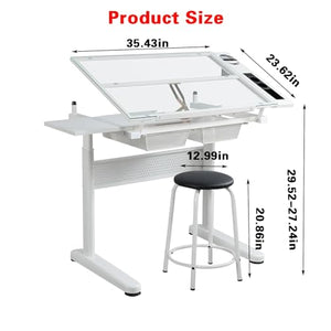 Yhqcdr Drafting Table with Storage and Stool - Hand Crank Adjustable Drawing Desk