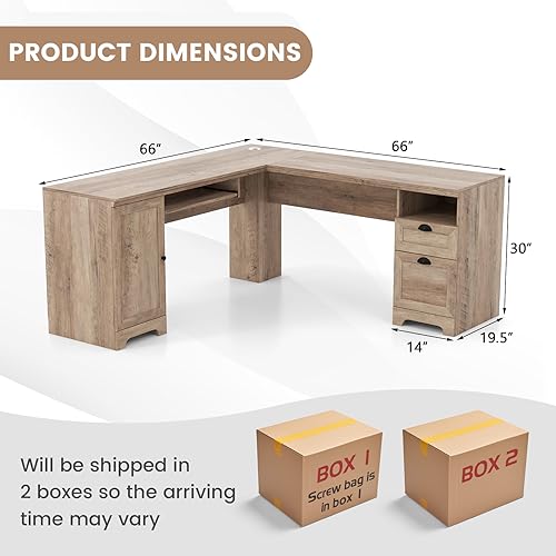 Tangkula L-Shaped Office Desk with Keyboard Tray, Storage Drawers & Cabinet