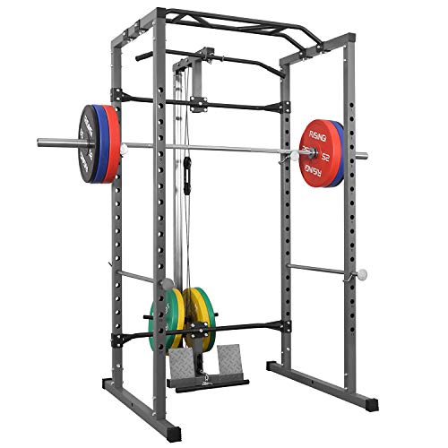 Kicode Power Squat Rack, Power Cage with LAT Pulldown Attachment, Strength Training Exercise Equipment for Home Gym, Weightlifting Bench Press Weight Rack