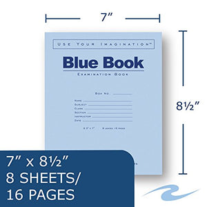 Roaring Spring Test Blue Exam Book, 1 Case (600 Total), Wide Ruled with Margin, 8.5" x 7" 8 Sheets/16 Pages, Blue Cover