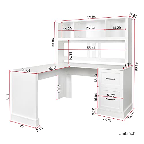 Generic Home Office Computer Desk with Hutch, Antiqued White Finish