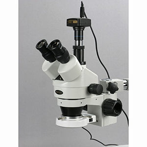 AmScope SM-3TZ-54S-10M Digital Professional Trinocular Stereo Zoom Microscope, WH10x Eyepieces, 3.5X-90X Magnification, 0.7X-4.5X Zoom Objective, 54-Bulb LED Light, Single-Arm Boom Stand, 110V-240V, Includes 0.5X and 2.0X Barlow Lenses and 10MP Camera wit